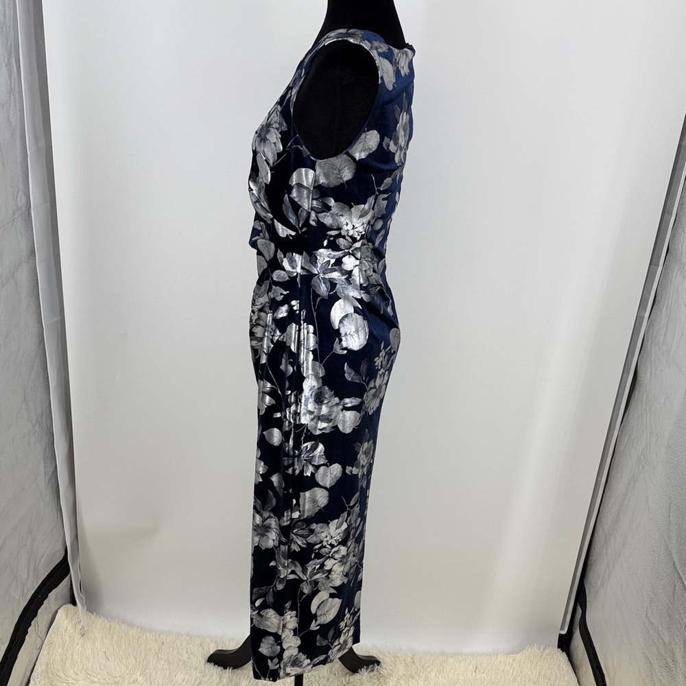 Adrianna Papell asymmetric foil velvet Floral Navy front slit  Dress size 4P - Picture 5 of 10